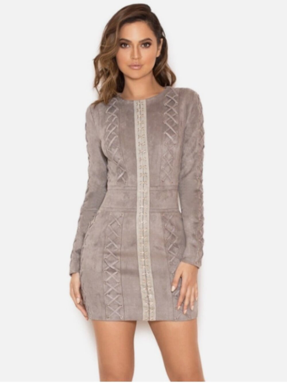 House of CB London Faux Suede Lace Up Dress M Gray
